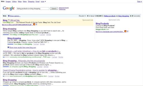 Google results for "listing products on bing shopping"